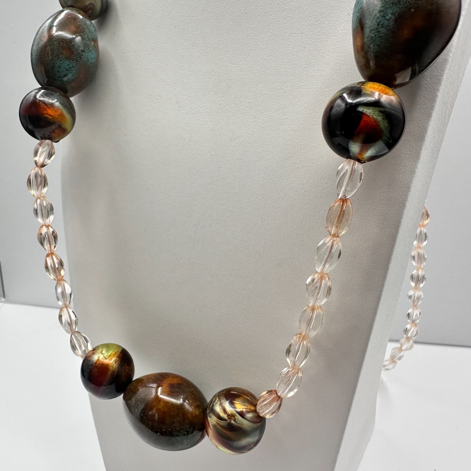 Vintage 90s Chunky Multi-Color Glass Bead Necklace Iridescent Earth Tone Jewelry - Thumbnail 3