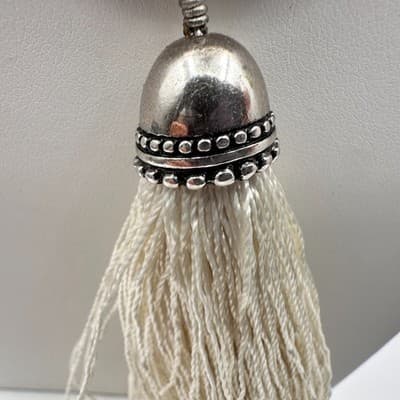 Vintage 80s Mother Pearl Leaf & Shell Bead Tassel Pendant Long Necklace Jewelry - Thumbnail 10