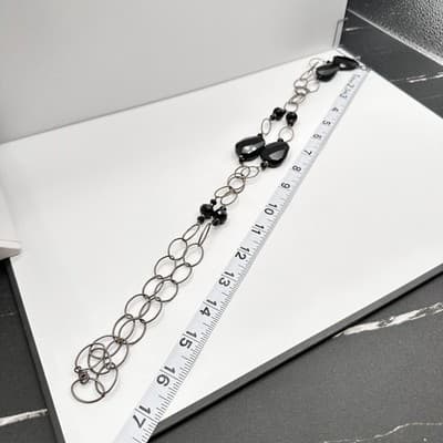Vintage 90s Y2K Black Onyx Style Beaded Statement Lariat Silver Tone Necklace - Thumbnail 10
