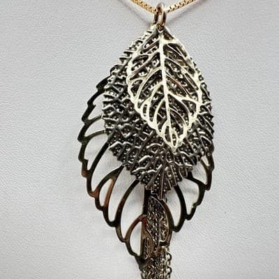 Vintage 90s Gold Tone Leaf Tassel Necklace Box Chain Boho Statement Pendant - Thumbnail 4