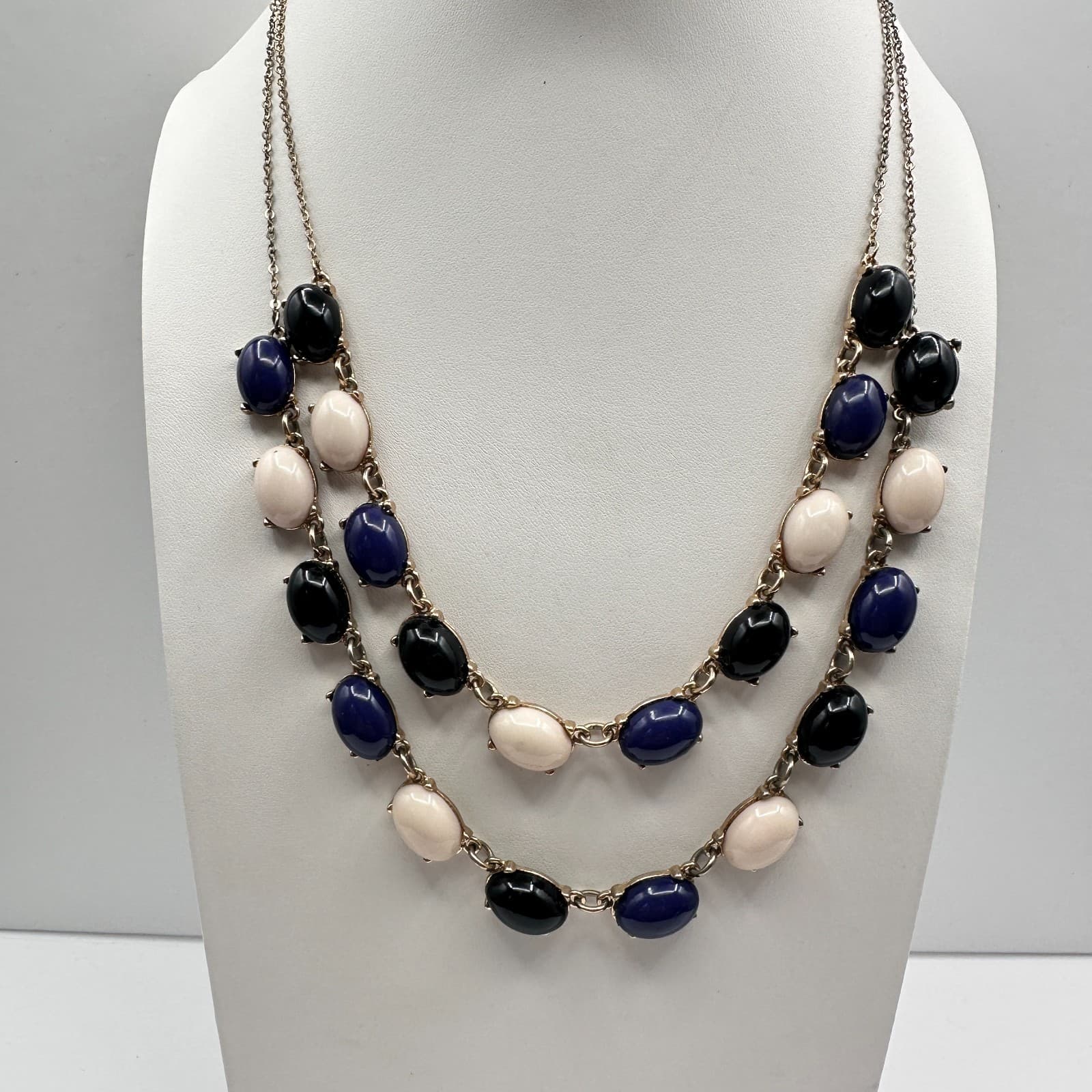 Vintage 90s Double Stand Gold Tone Cabochon Stone Necklace Retro Women's Jewelry - Thumbnail 2
