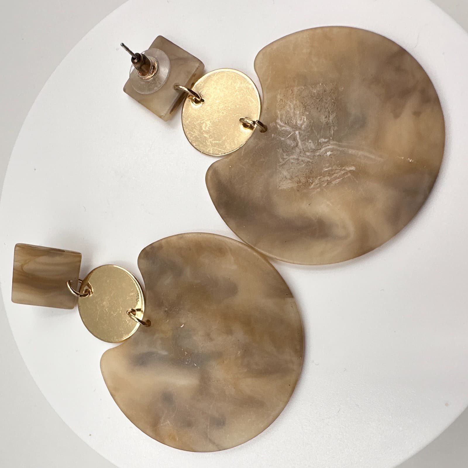 Vintage Y2K Marble Resin Dangle Earrings Gold Tone Geometric Women's Jewelry 90s - Thumbnail 10