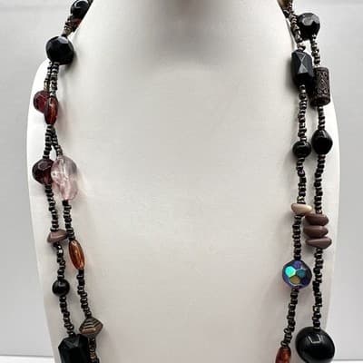 Vintage 90s Multi Strand Beaded Statement Earth Tone Necklace Women's Jewelry - Thumbnail 2