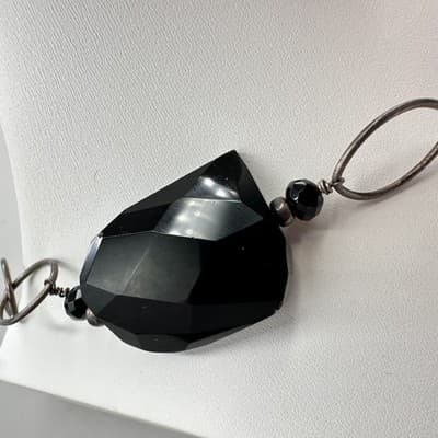 Vintage 90s Y2K Black Onyx Style Beaded Statement Lariat Silver Tone Necklace - Thumbnail 5