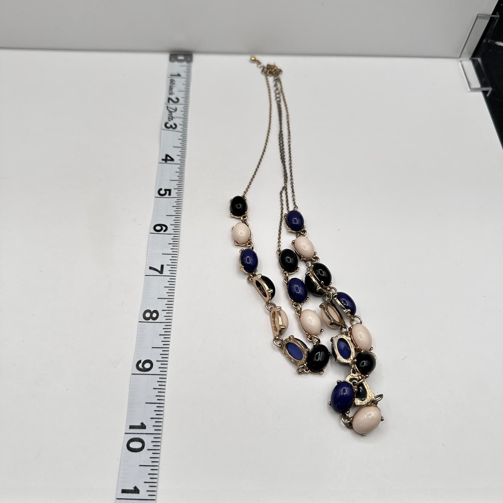 Vintage 90s Double Stand Gold Tone Cabochon Stone Necklace Retro Women's Jewelry - Thumbnail 6