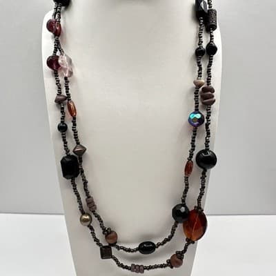 Vintage 90s Multi Strand Beaded Statement Earth Tone Necklace Women's Jewelry - Thumbnail 11