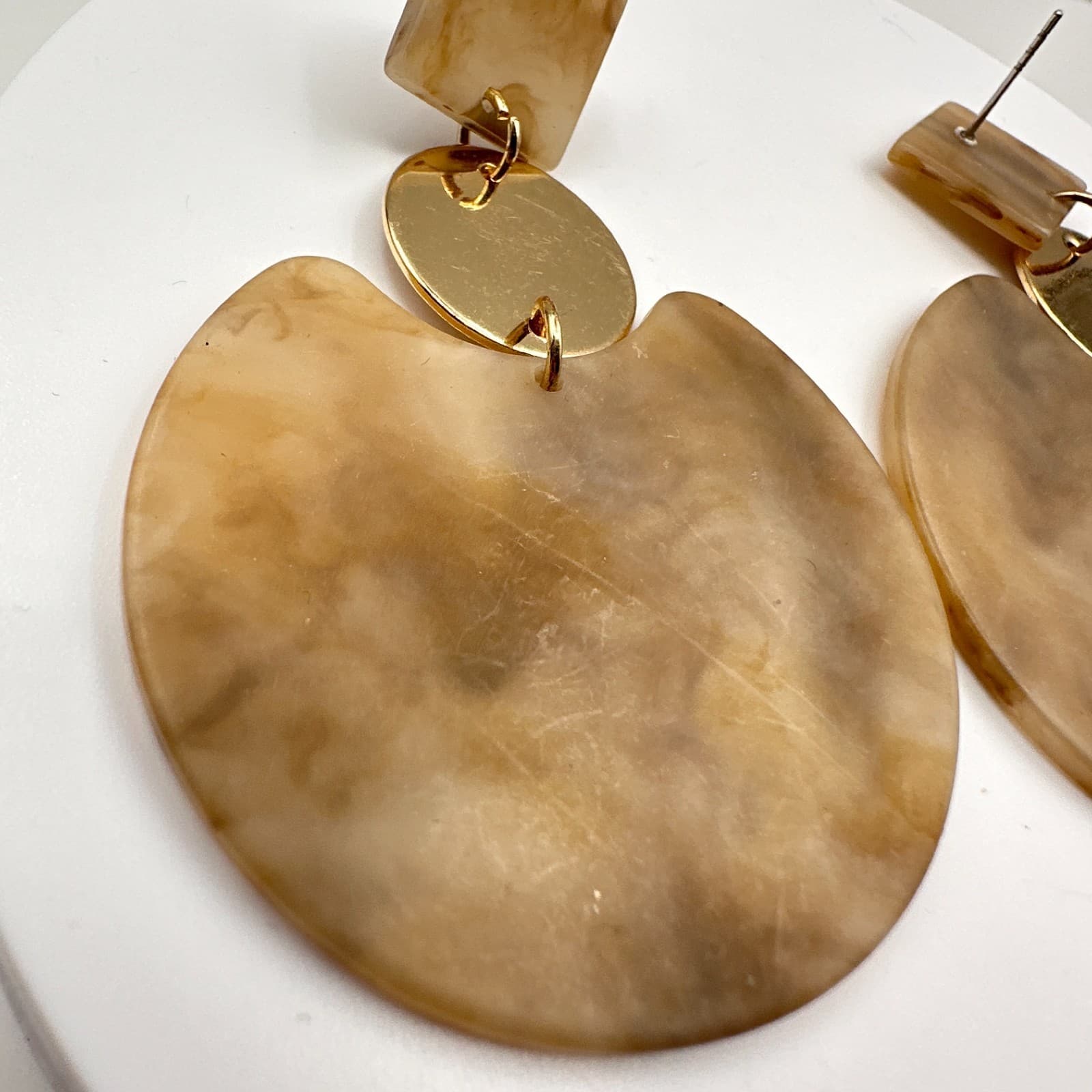 Vintage Y2K Marble Resin Dangle Earrings Gold Tone Geometric Women's Jewelry 90s - Thumbnail 2