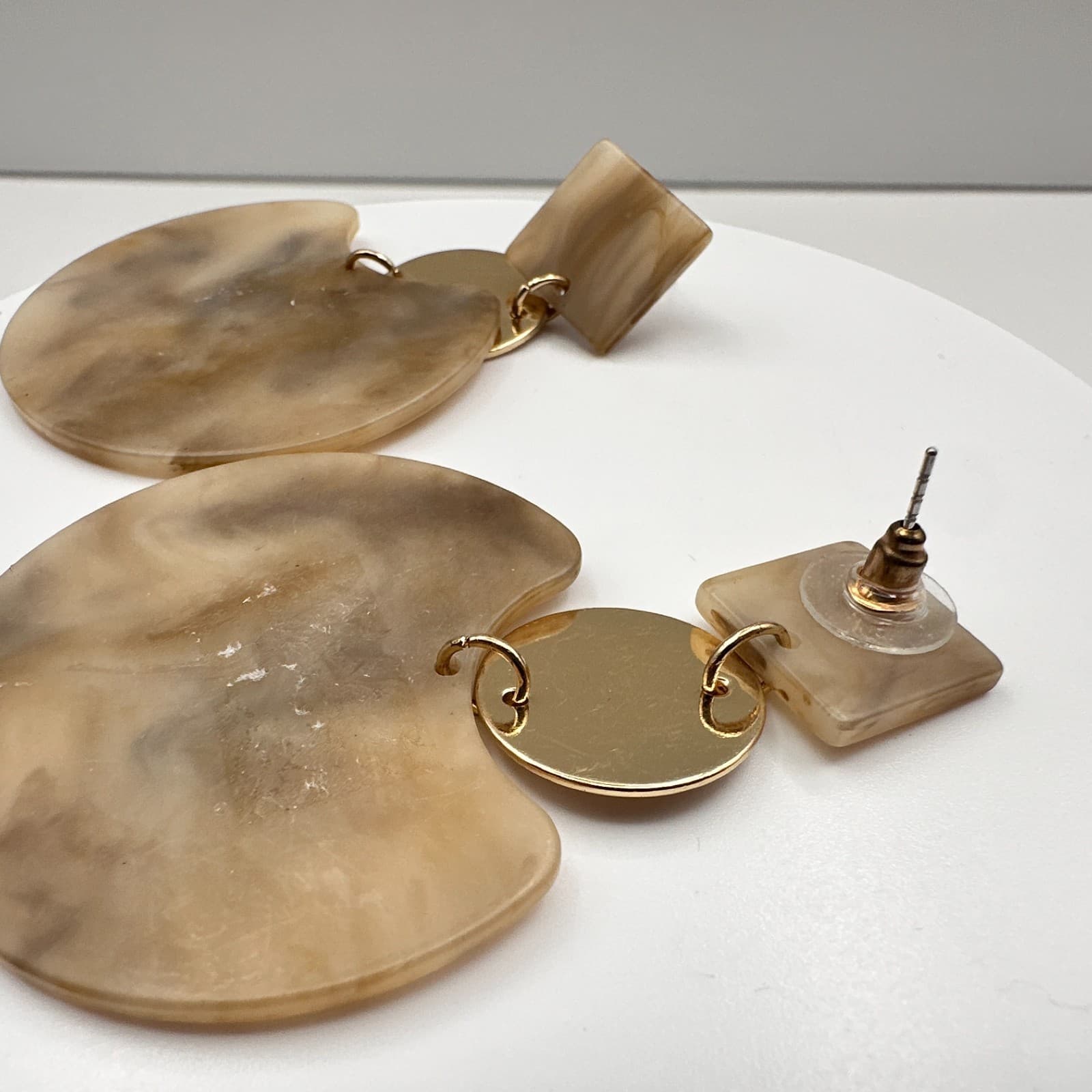 Vintage Y2K Marble Resin Dangle Earrings Gold Tone Geometric Women's Jewelry 90s - Thumbnail 5