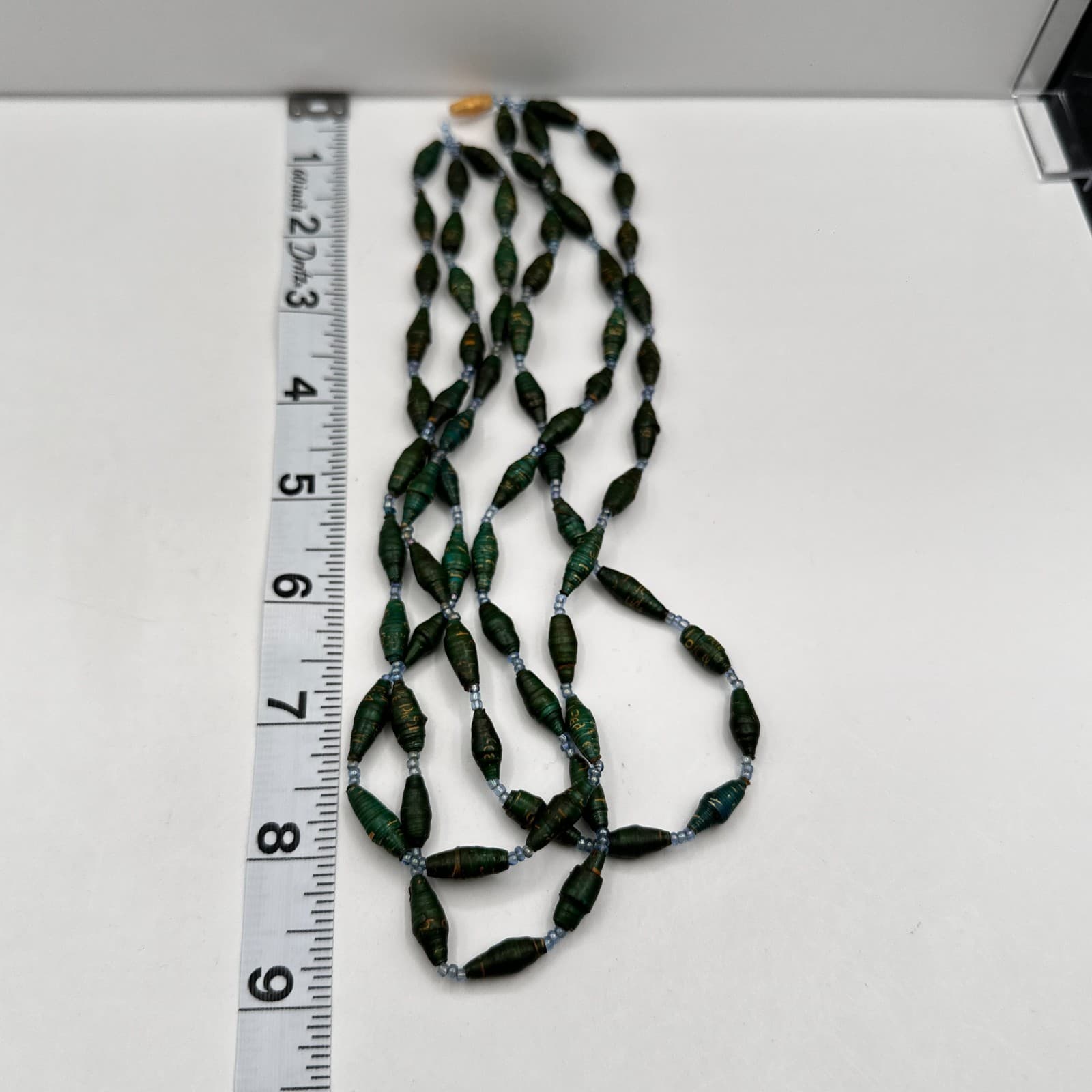 Vintage 90s Boho Multi-Strand Paper Bead Necklace Green Blue Statement Jewelry - Thumbnail 9