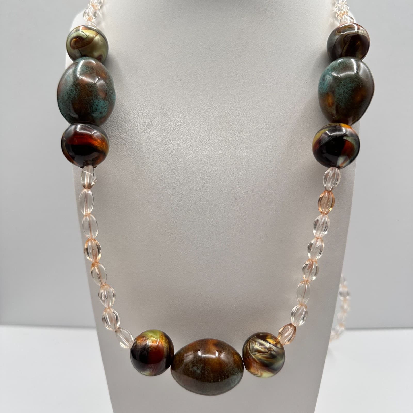 Vintage 90s Chunky Multi-Color Glass Bead Necklace Iridescent Earth Tone Jewelry - Thumbnail 7