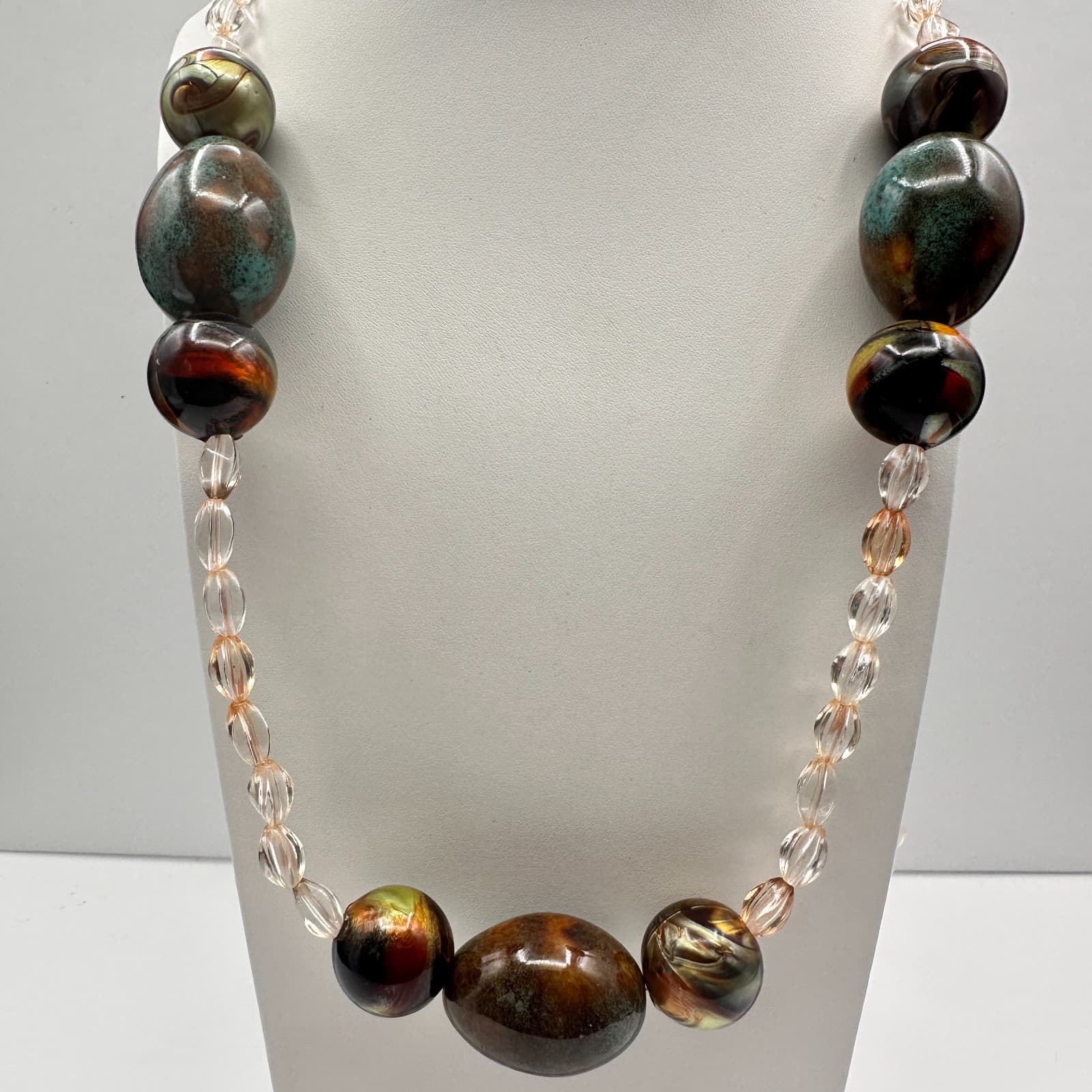 Vintage 90s Chunky Multi-Color Glass Bead Necklace Iridescent Earth Tone Jewelry - Thumbnail 4