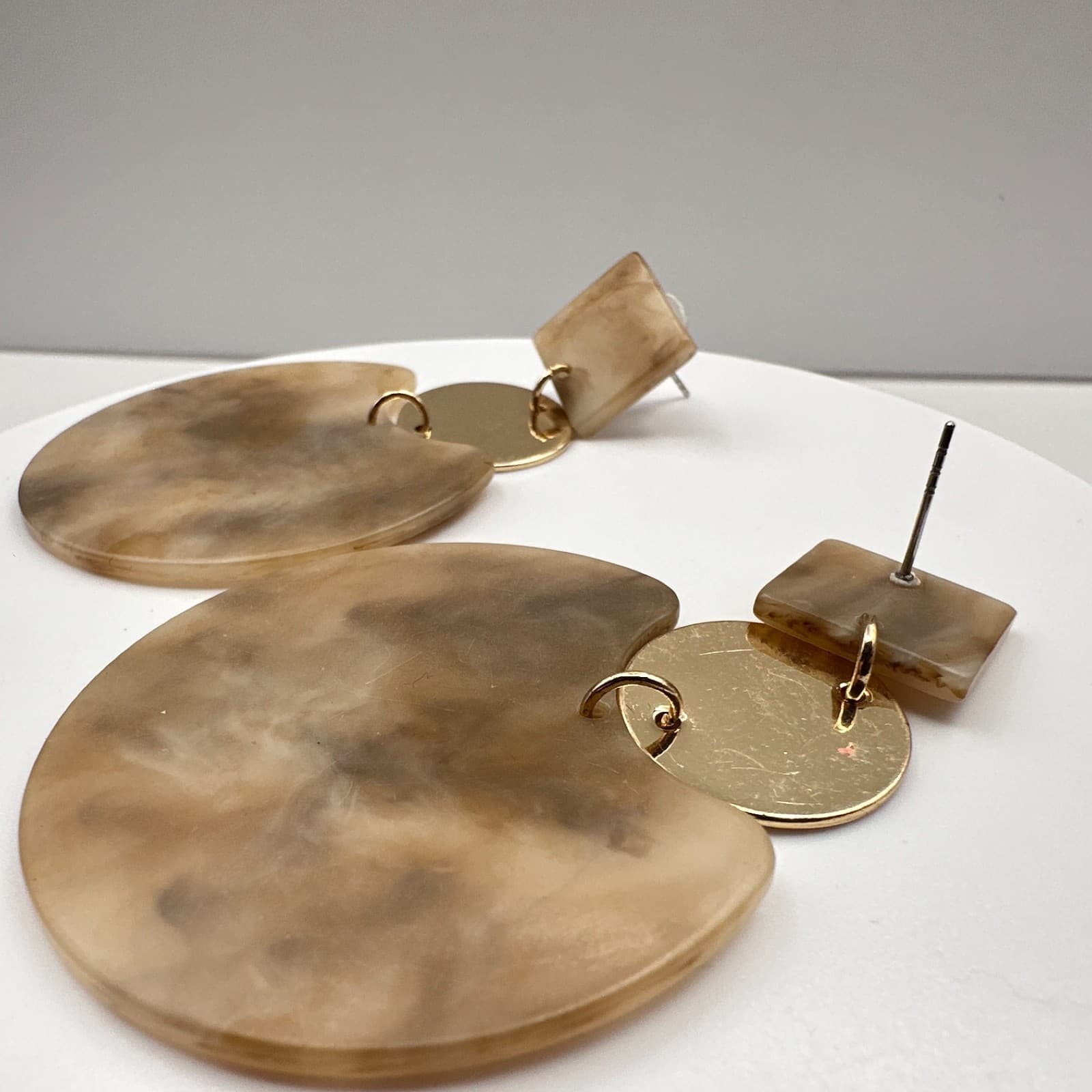 Vintage Y2K Marble Resin Dangle Earrings Gold Tone Geometric Women's Jewelry 90s - Thumbnail 4