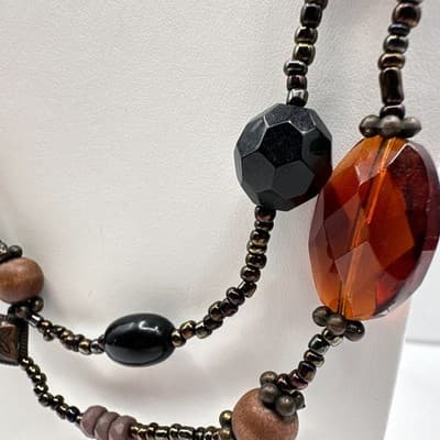 Vintage 90s Multi Strand Beaded Statement Earth Tone Necklace Women's Jewelry - Thumbnail 4