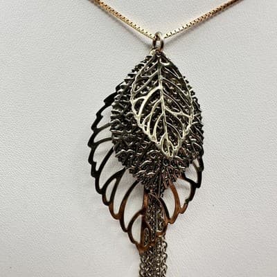 Vintage 90s Gold Tone Leaf Tassel Necklace Box Chain Boho Statement Pendant - Thumbnail 2