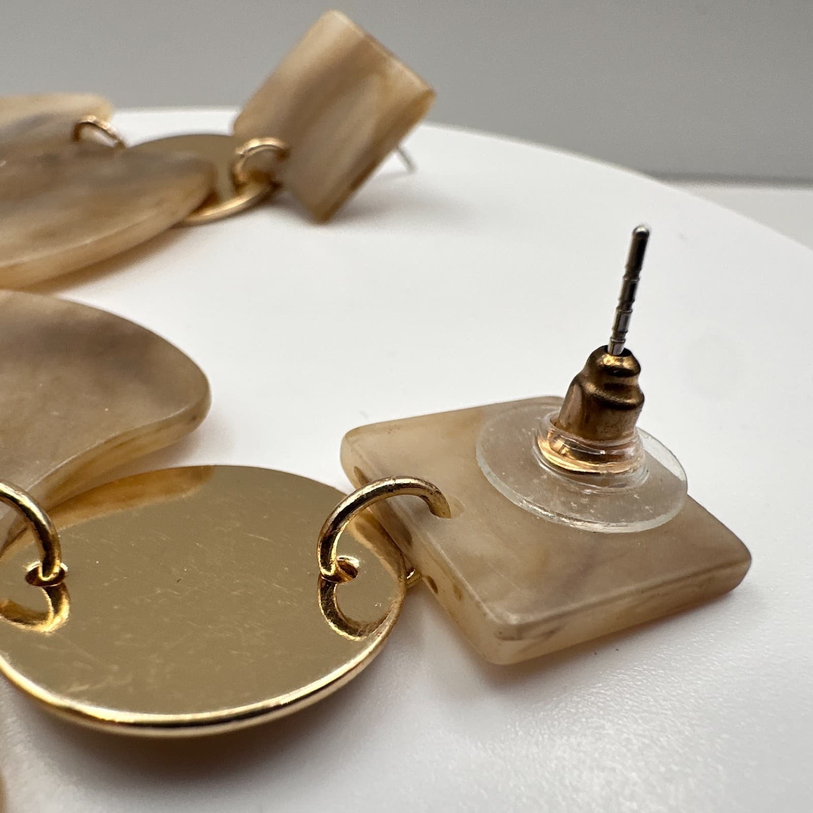 Vintage Y2K Marble Resin Dangle Earrings Gold Tone Geometric Women's Jewelry 90s - Thumbnail 6