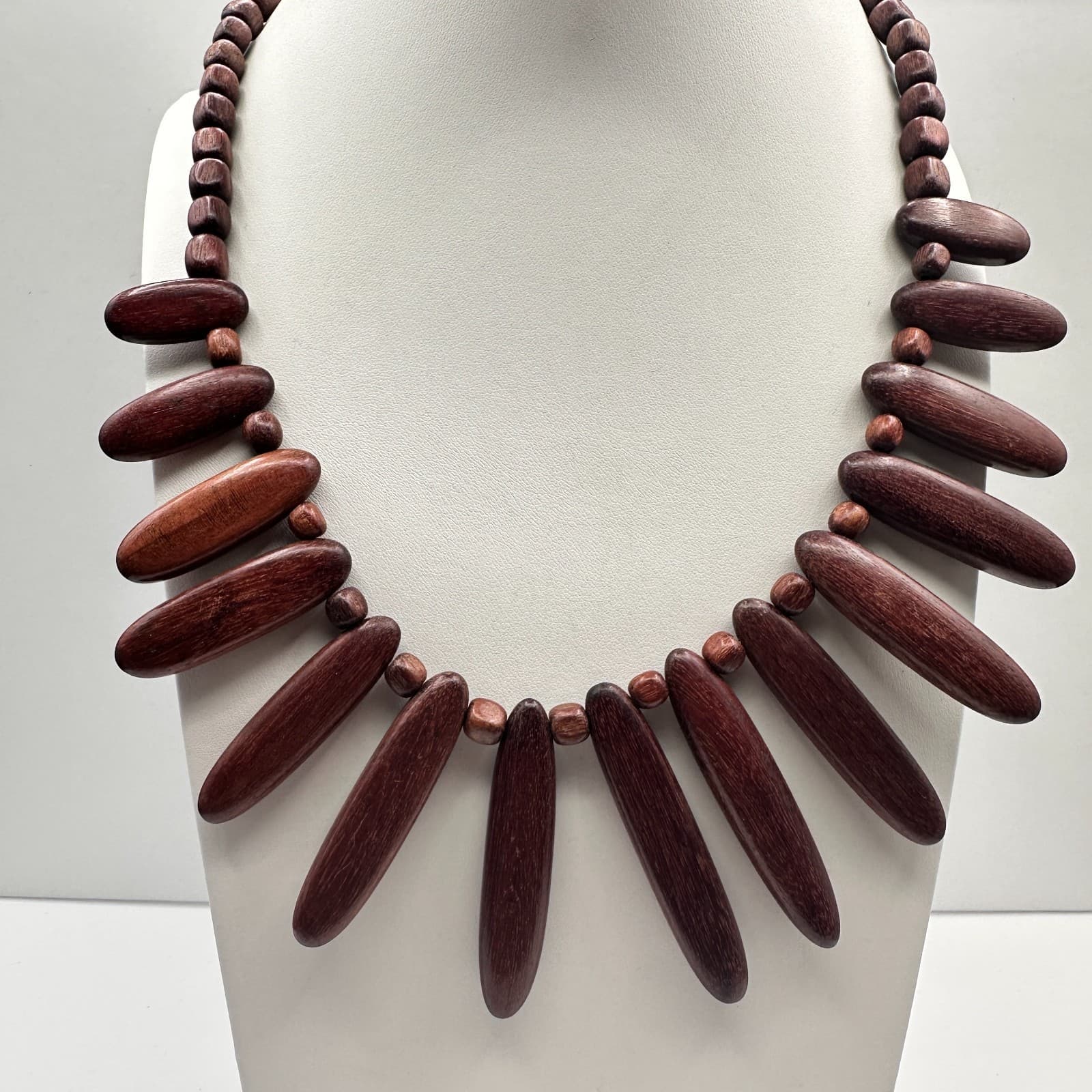 Vintage 90s Wood Spike Necklace Brown Beaded Boho Tribal Fringe Necklace Jewelry - Thumbnail 2