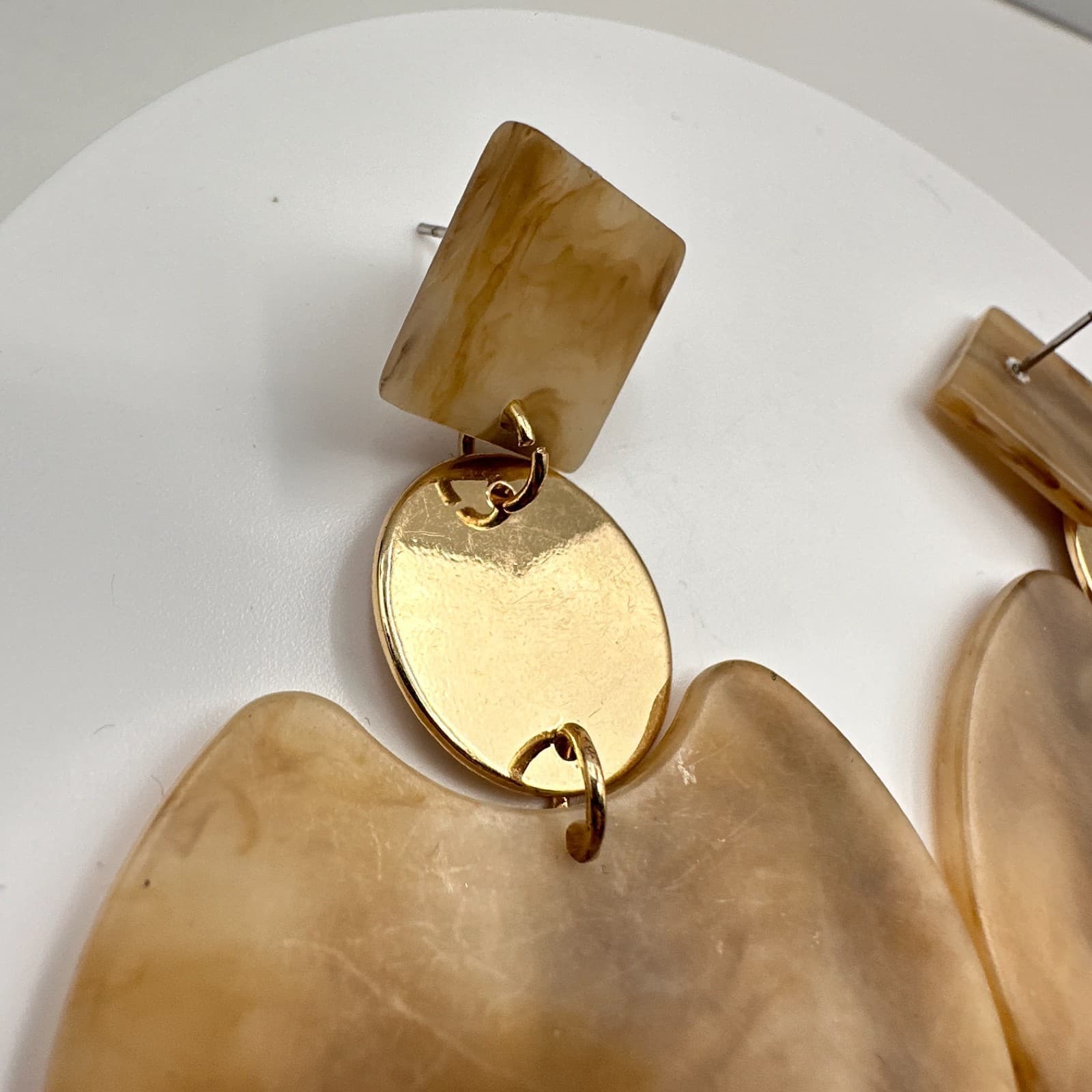 Vintage Y2K Marble Resin Dangle Earrings Gold Tone Geometric Women's Jewelry 90s - Thumbnail 3