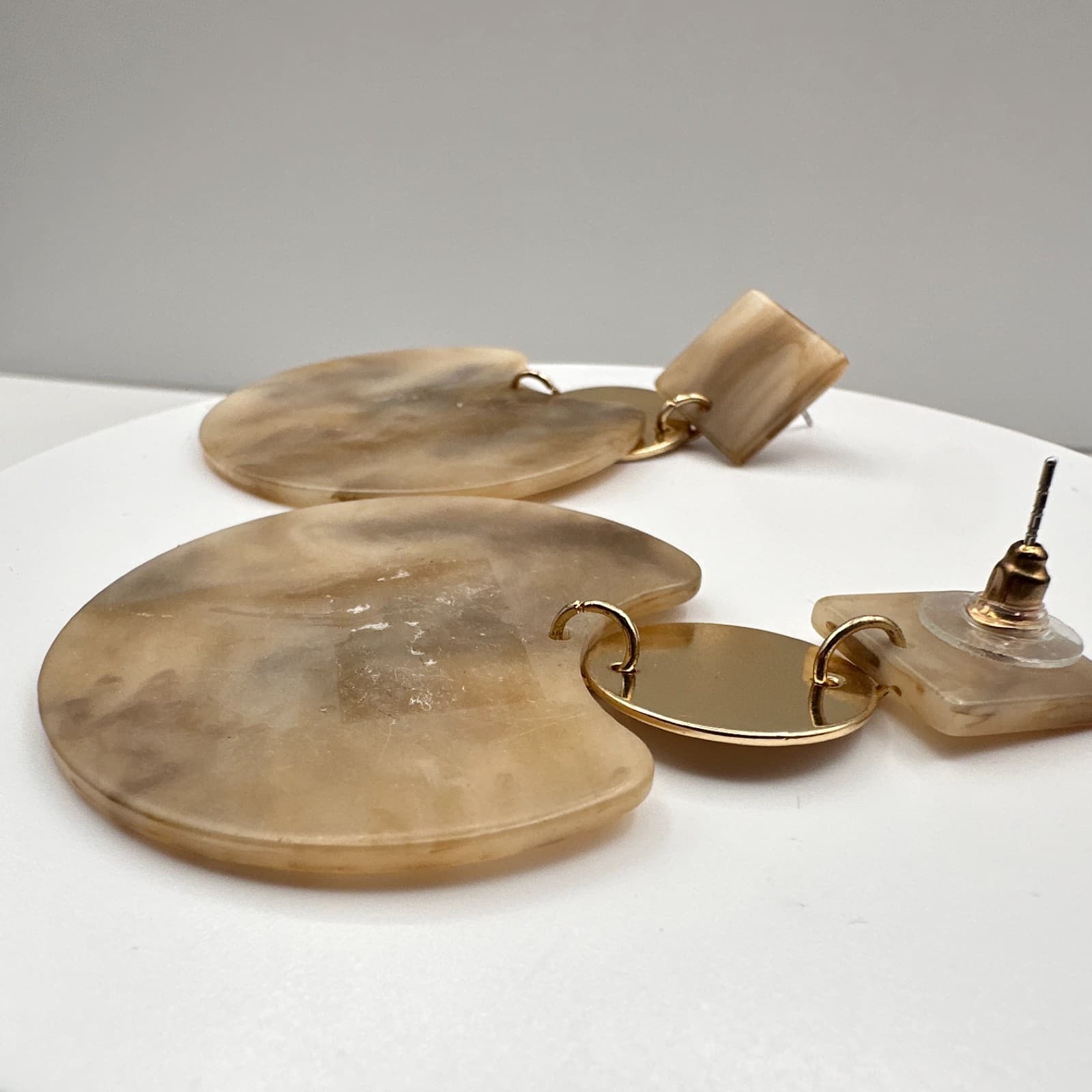 Vintage Y2K Marble Resin Dangle Earrings Gold Tone Geometric Women's Jewelry 90s - Thumbnail 7