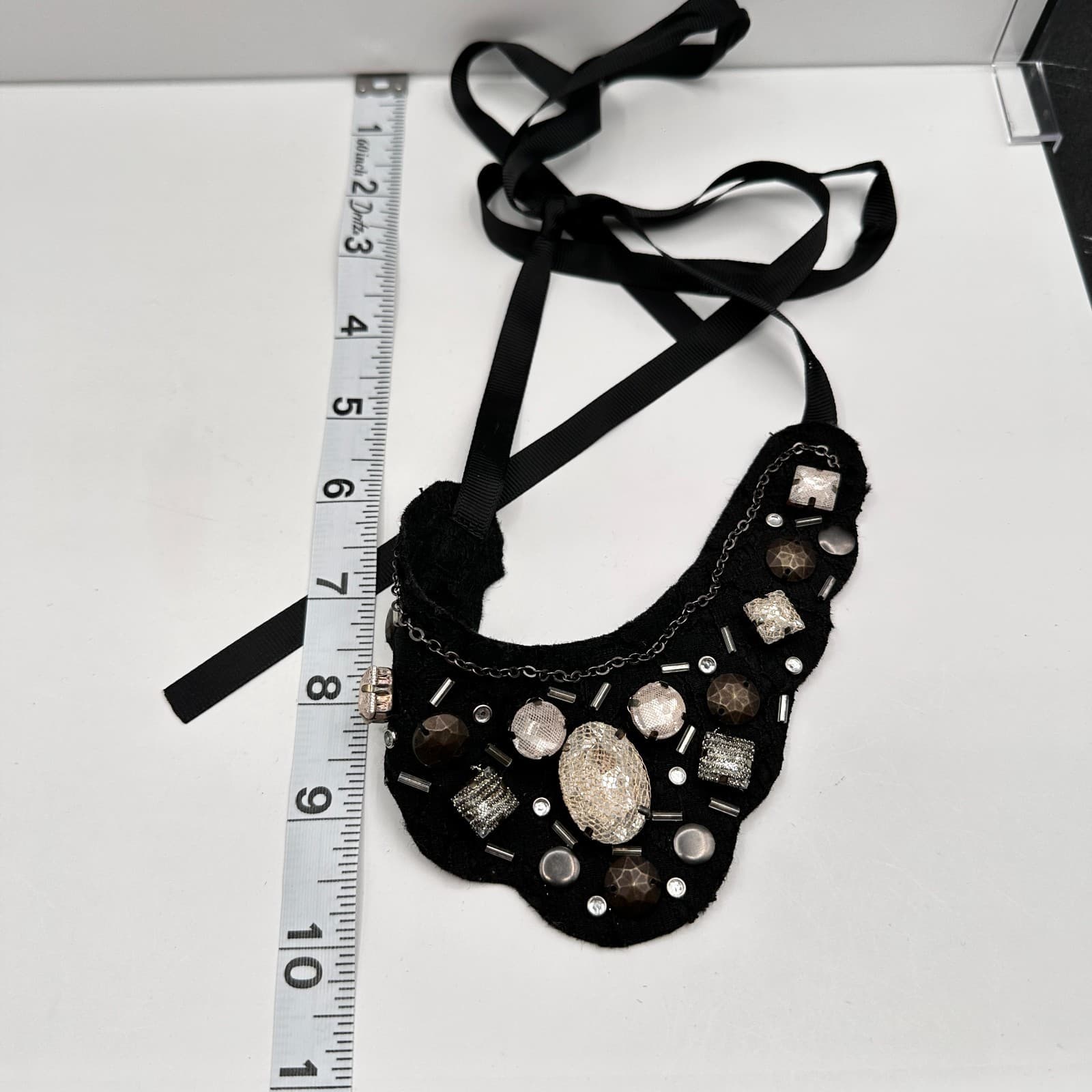 Vintage 90s Statement Bib Necklace Black Lace Ribbon Mixed Stones Womens Jewelry - Thumbnail 10