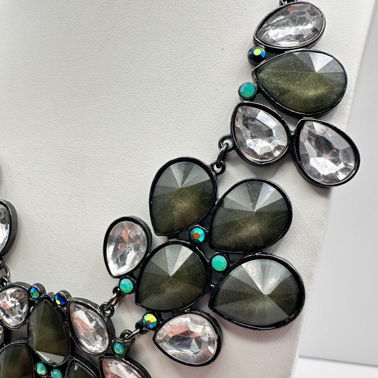 Vintage 90s Y2K Statement Necklace Boho Teardrop Green Clear Crystal Jewelry Y2K - Thumbnail 10