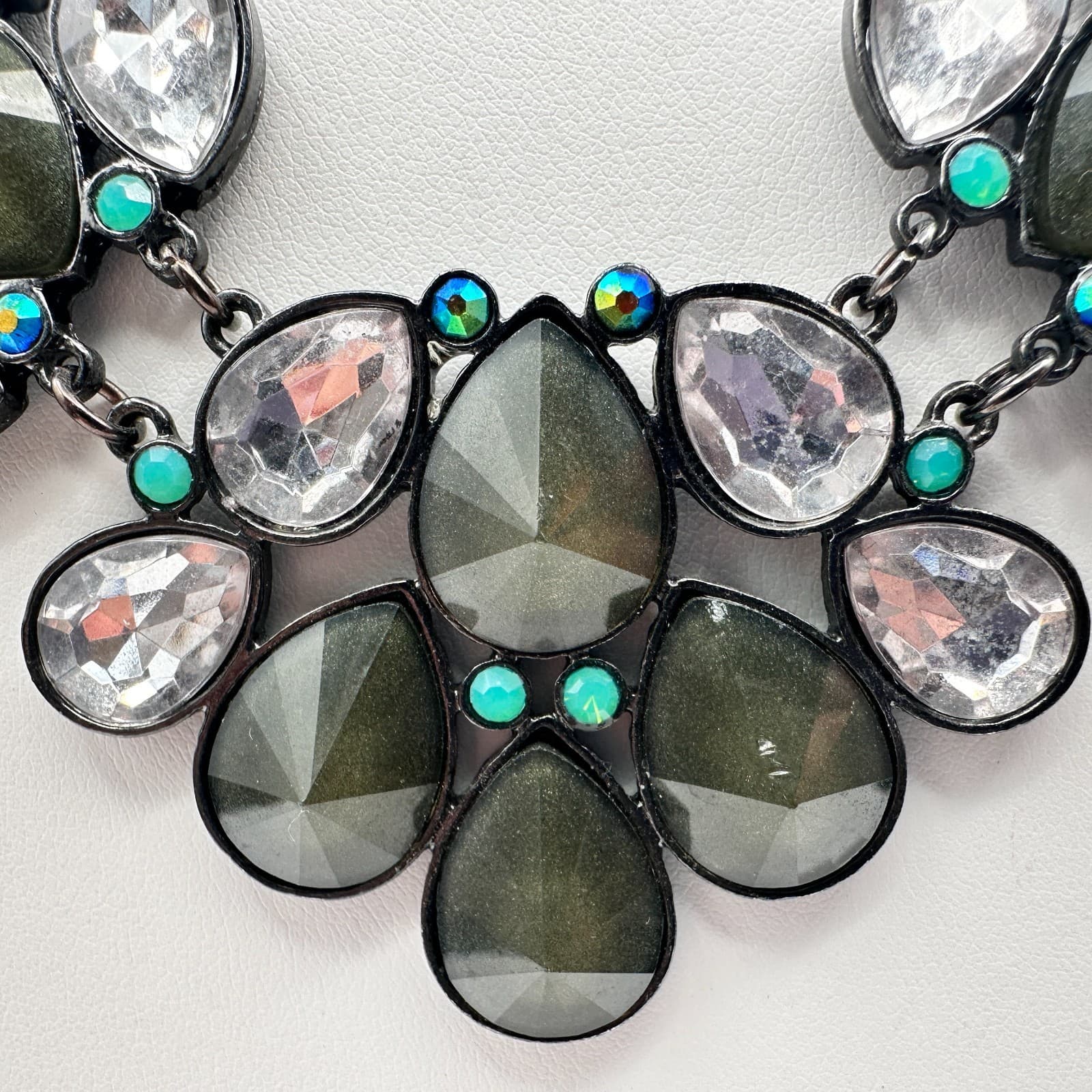 Vintage 90s Y2K Statement Necklace Boho Teardrop Green Clear Crystal Jewelry Y2K - Thumbnail 5
