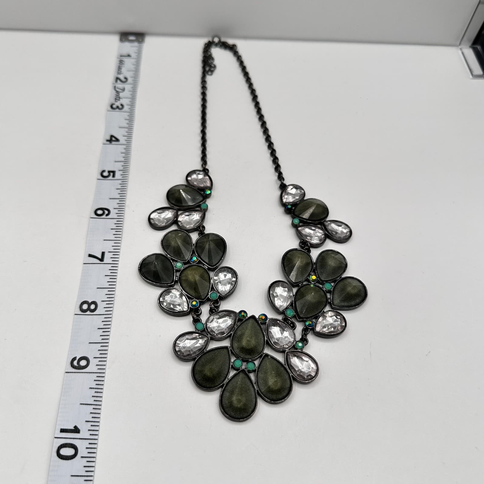 Vintage 90s Y2K Statement Necklace Boho Teardrop Green Clear Crystal Jewelry Y2K - Thumbnail 11