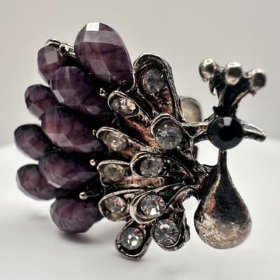 Vintage 90s Peacock Rhinestone Ring Purple Faux Stone Silver Tone Adjustable - Thumbnail 5