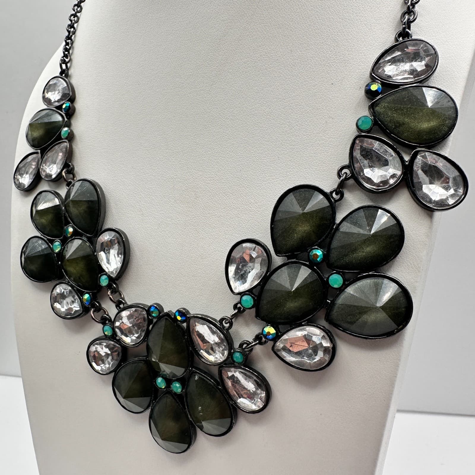 Vintage 90s Y2K Statement Necklace Boho Teardrop Green Clear Crystal Jewelry Y2K - Thumbnail 4