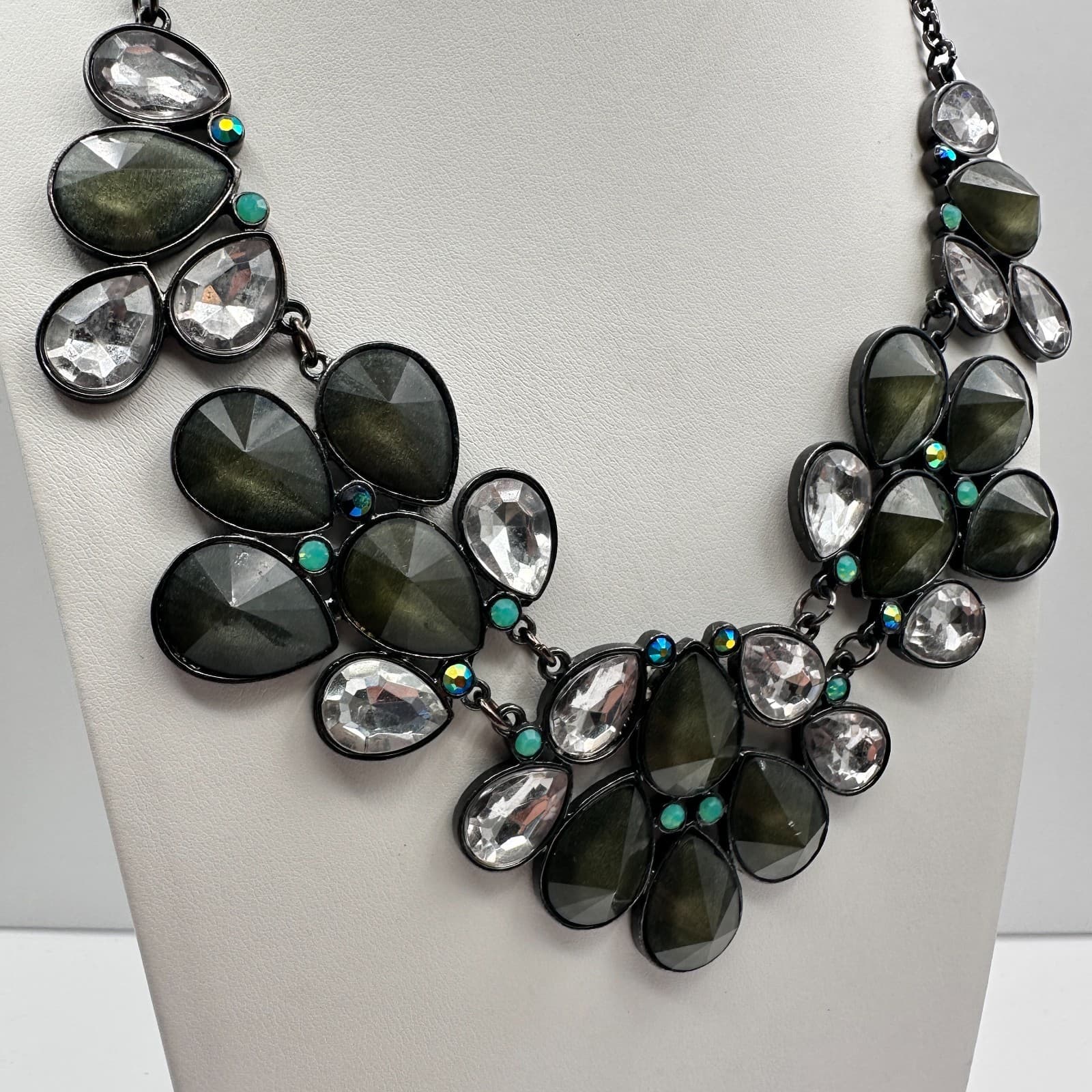 Vintage 90s Y2K Statement Necklace Boho Teardrop Green Clear Crystal Jewelry Y2K - Thumbnail 3