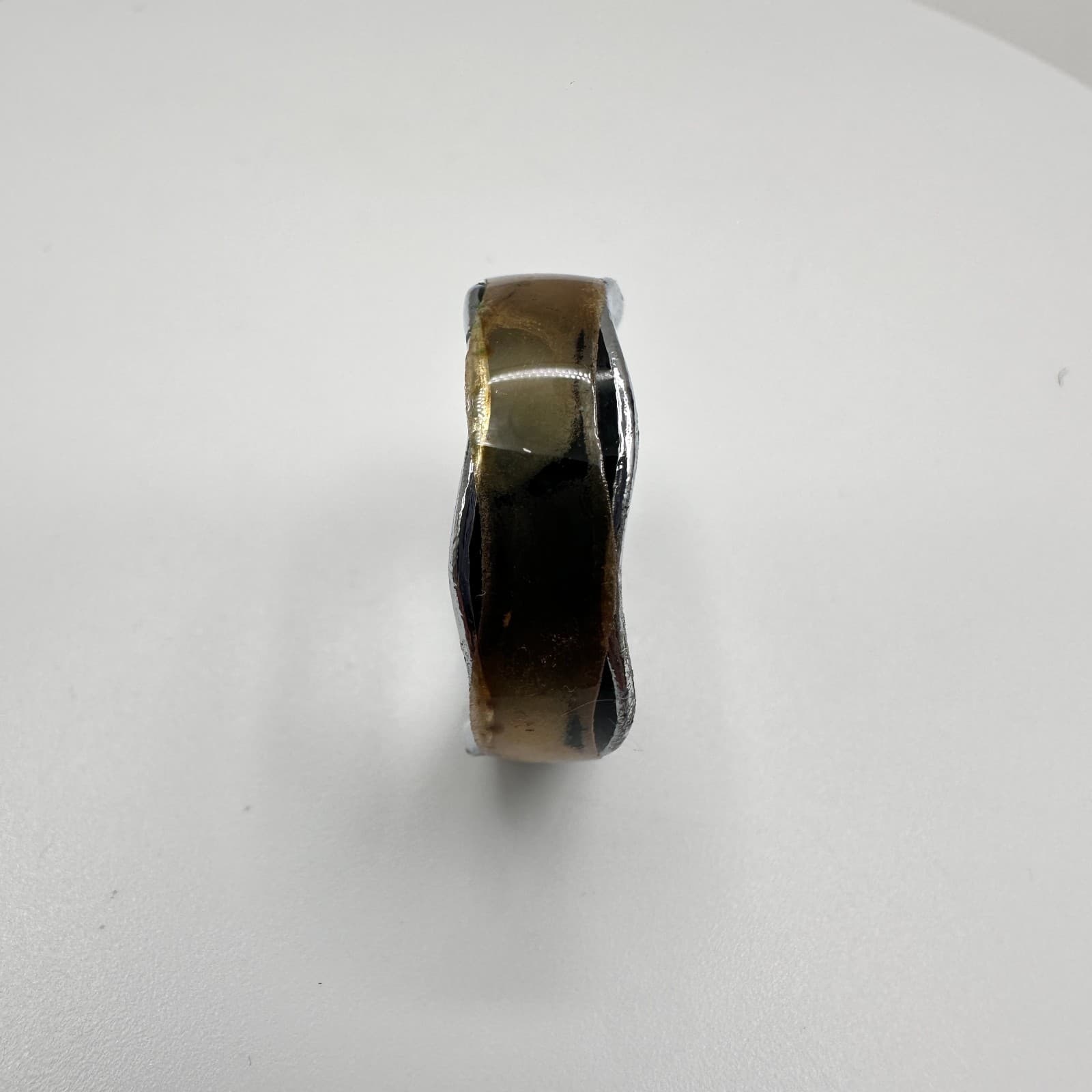 Vintage 90s Silver Tone Wavy Band Ring Brown Inlay Boho Modern Women's Jewelry - Thumbnail 6