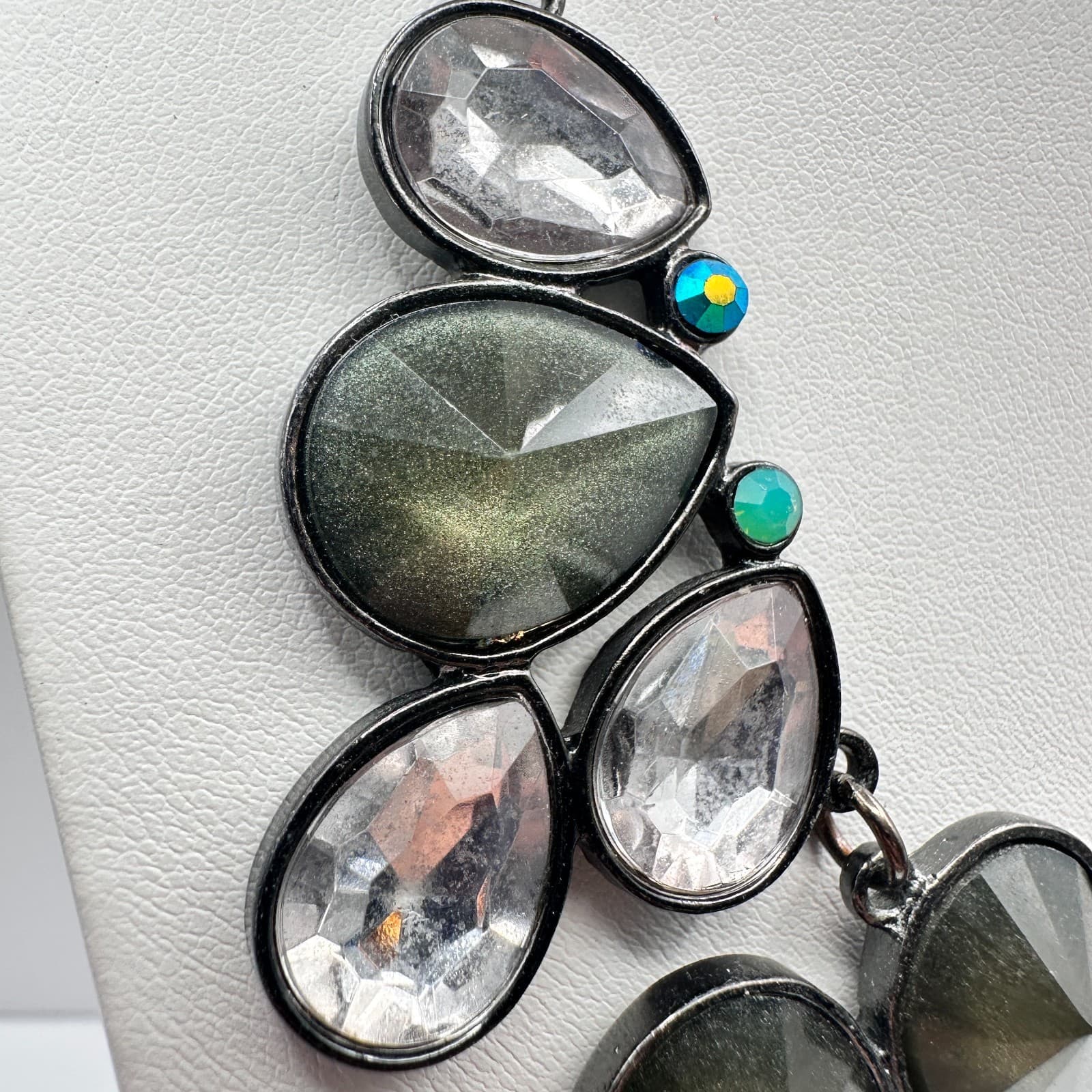 Vintage 90s Y2K Statement Necklace Boho Teardrop Green Clear Crystal Jewelry Y2K - Thumbnail 9