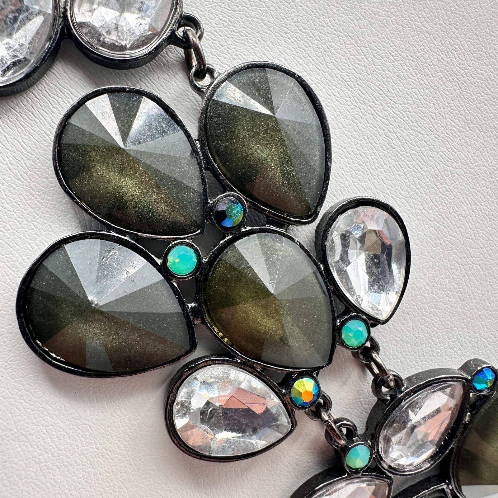 Vintage 90s Y2K Statement Necklace Boho Teardrop Green Clear Crystal Jewelry Y2K - Thumbnail 7