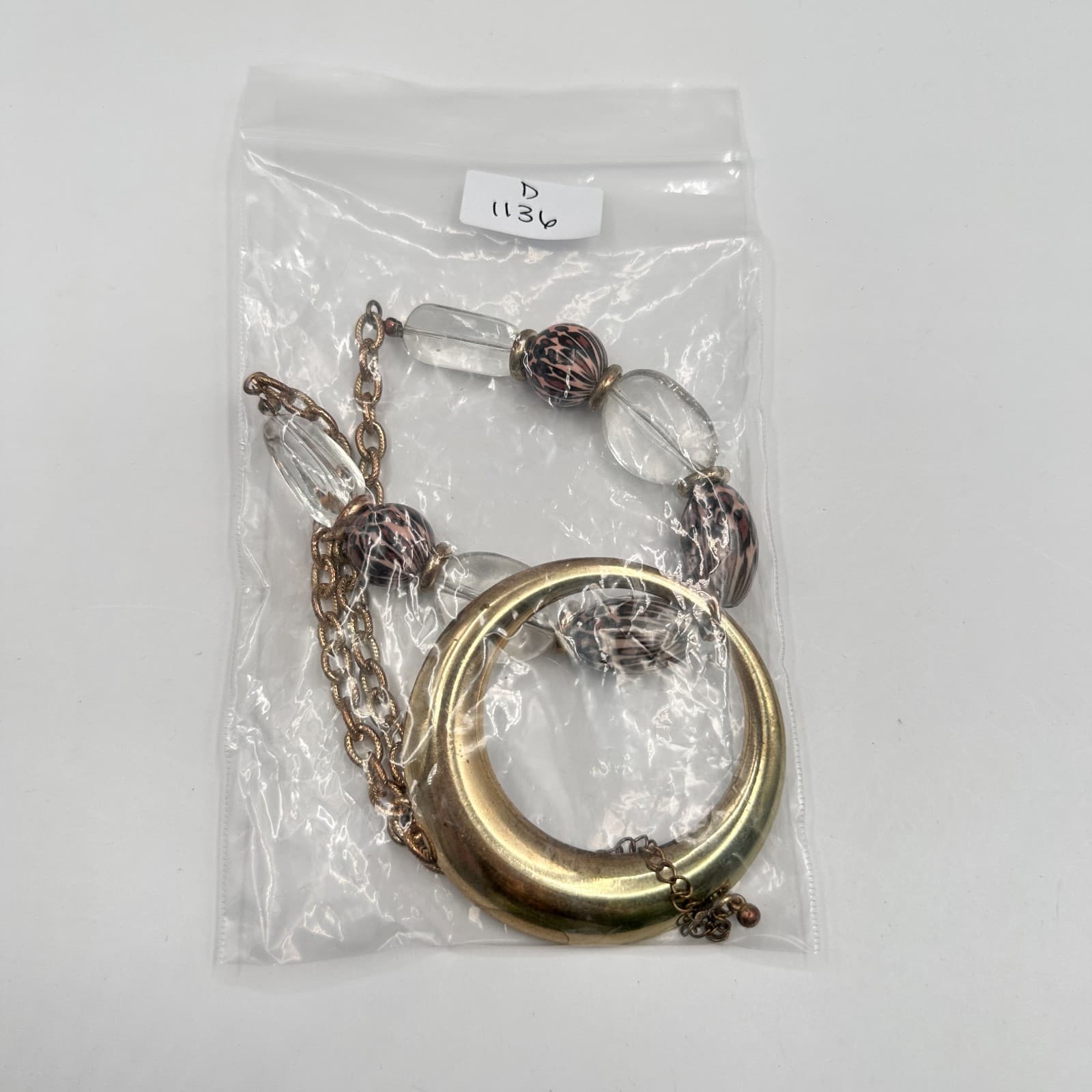 Vintage 90s Gold Tone Statement Necklace Clear Leopard Beads Large Hoop Jewelry - Thumbnail 10