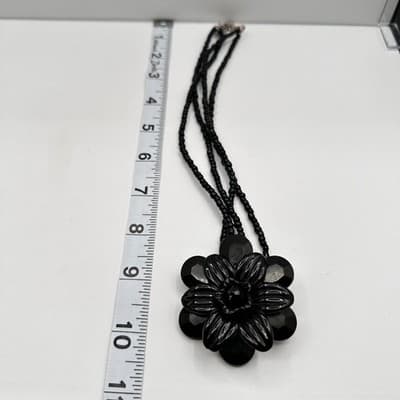 Vintage Y2K Black Beaded Necklace Floral Pendant Statement Retro Boho Jewelry - Thumbnail 9