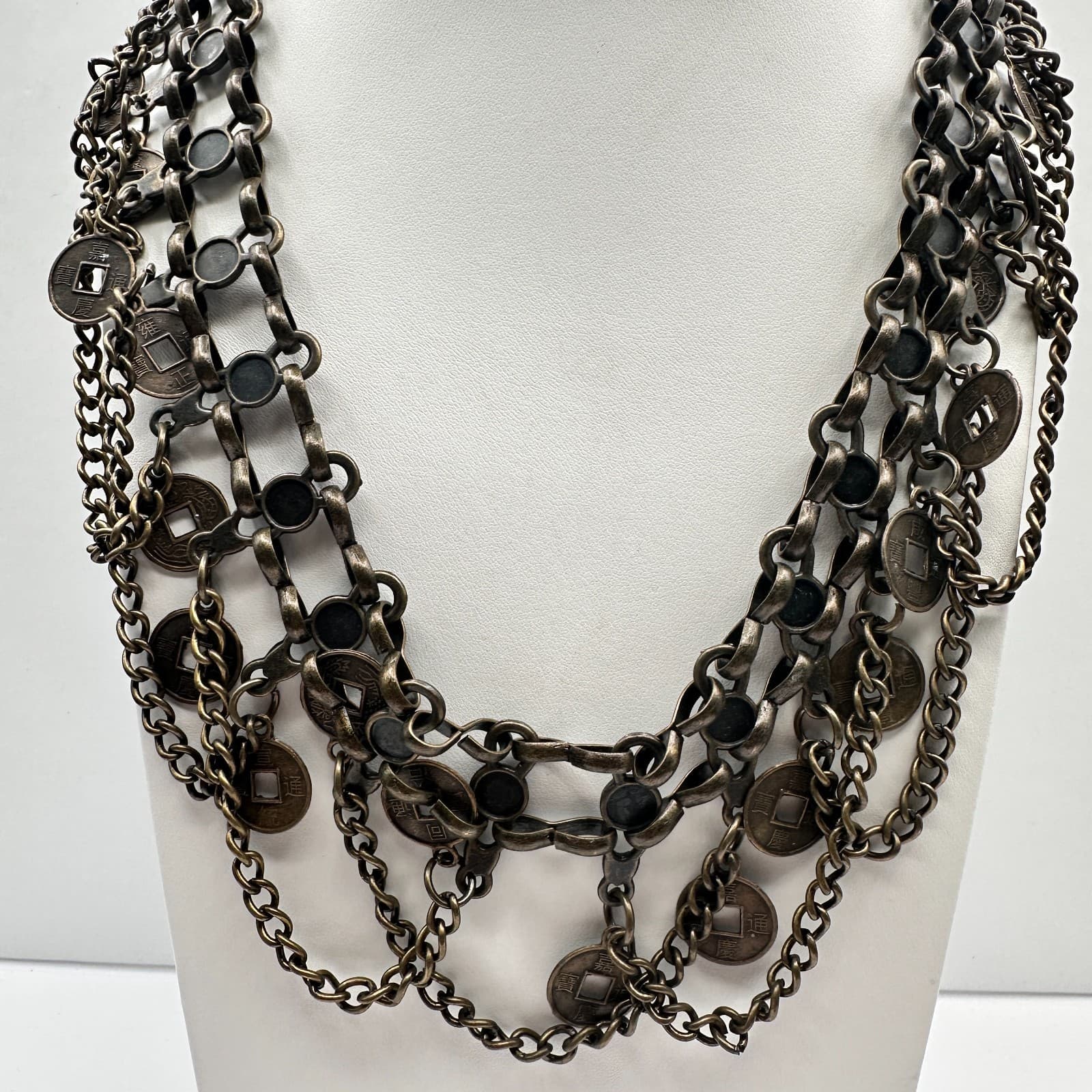 Vintage 90s Multi Layer Coin Statement Necklace Bronze Tone Boho Chunky Bib Boho - Thumbnail 6