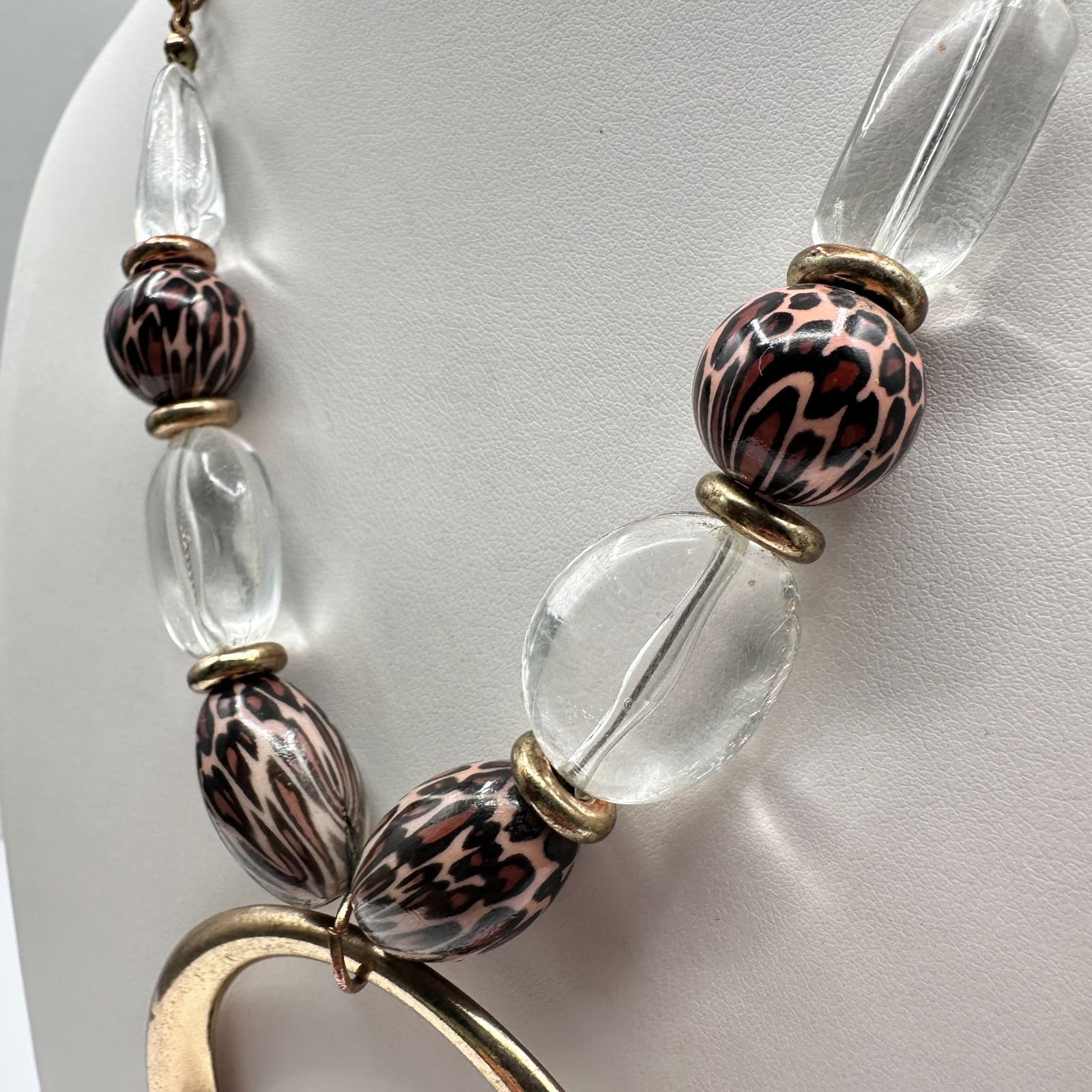 Vintage 90s Gold Tone Statement Necklace Clear Leopard Beads Large Hoop Jewelry - Thumbnail 3