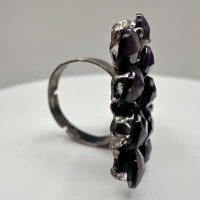 Vintage 90s Peacock Rhinestone Ring Purple Faux Stone Silver Tone Adjustable - Thumbnail 3