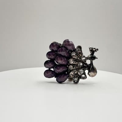 Vintage 90s Peacock Rhinestone Ring Purple Faux Stone Silver Tone Adjustable - Thumbnail 7