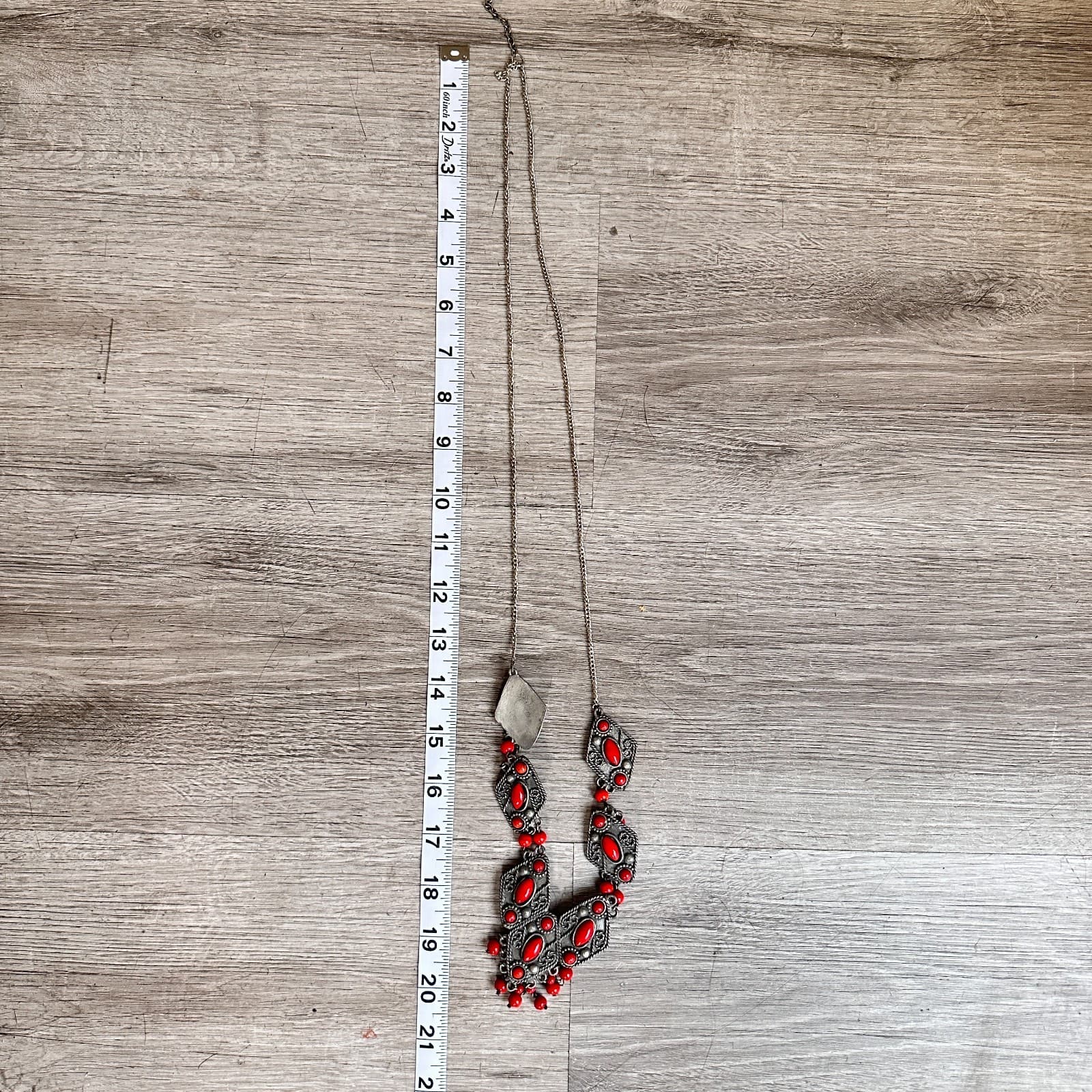 Vintage 90s Silver Tone Red Bead Statement Bib Necklace Boho Ethnic Jewelry - Thumbnail 8