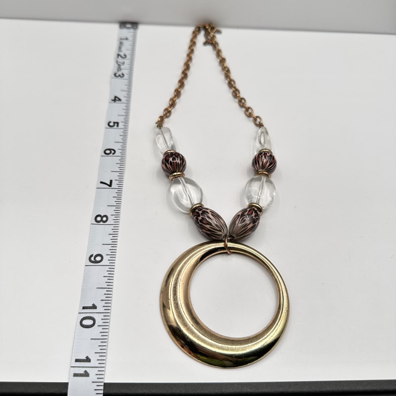 Vintage 90s Gold Tone Statement Necklace Clear Leopard Beads Large Hoop Jewelry - Thumbnail 11