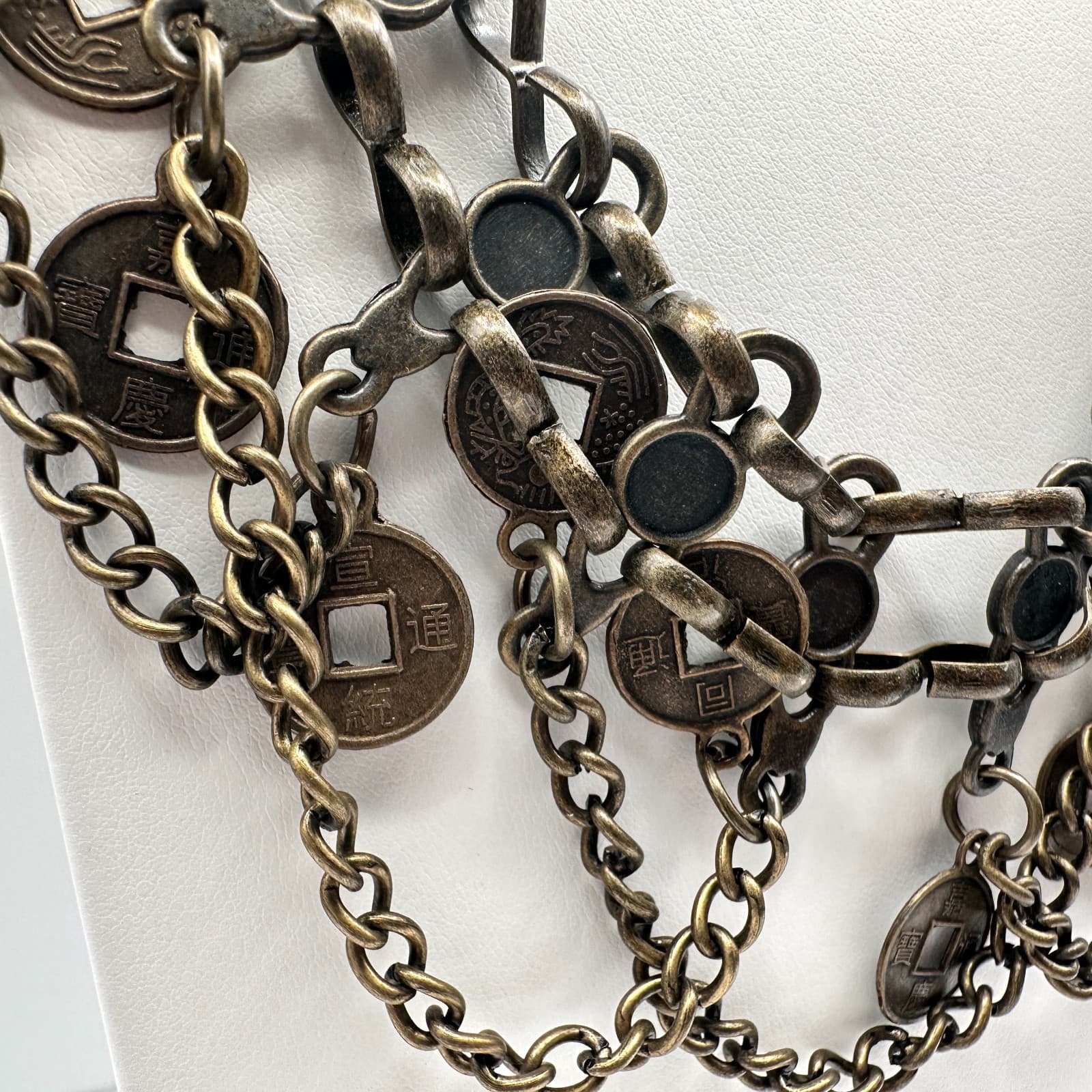 Vintage 90s Multi Layer Coin Statement Necklace Bronze Tone Boho Chunky Bib Boho - Thumbnail 3