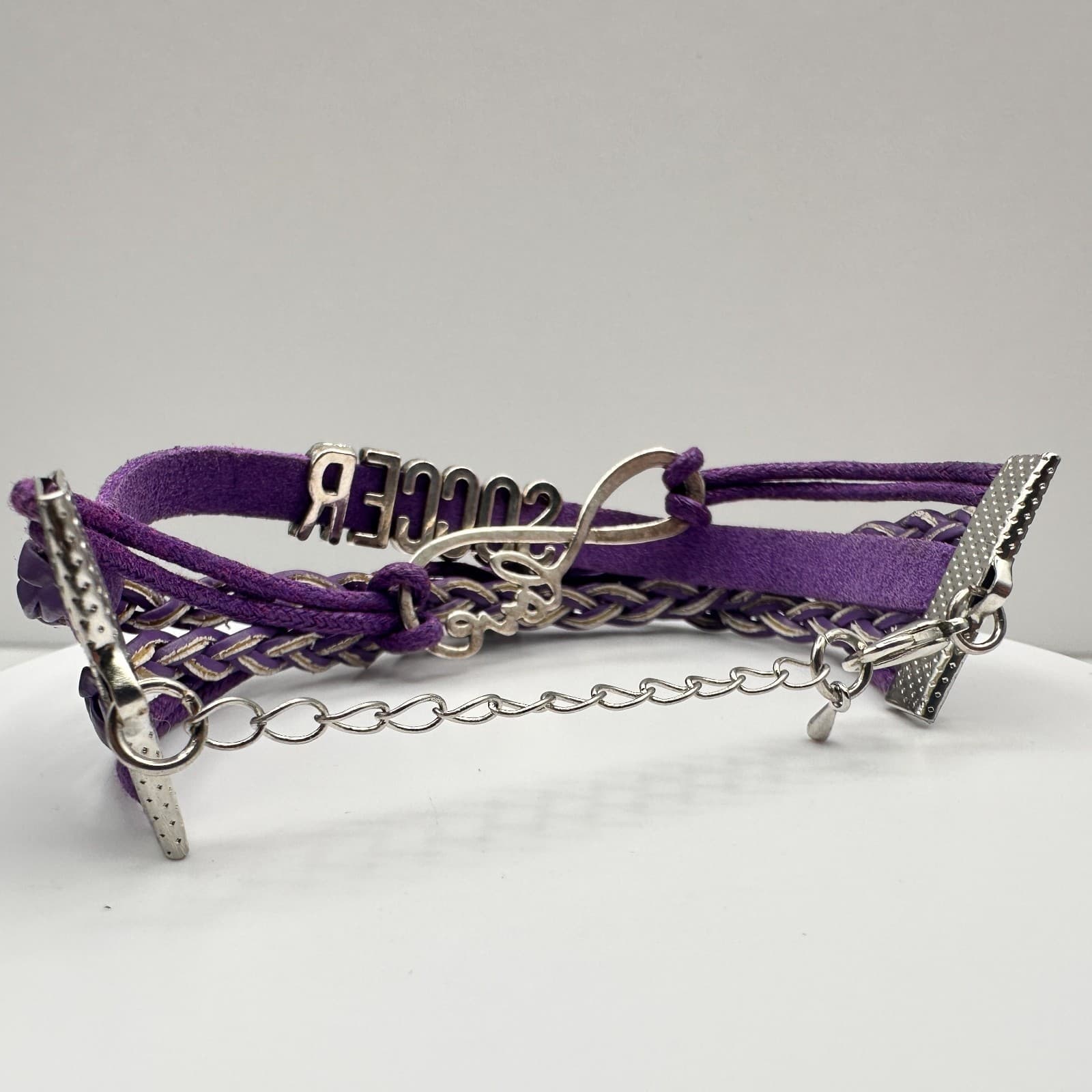 Vintage 90s Purple Leather Soccer Bracelet Infinity Love Sports Charm Adjustable - Thumbnail 7