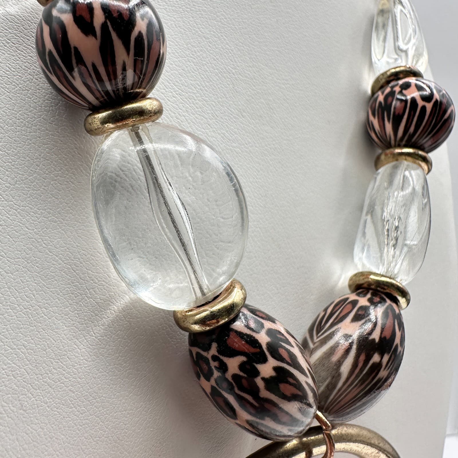 Vintage 90s Gold Tone Statement Necklace Clear Leopard Beads Large Hoop Jewelry - Thumbnail 8