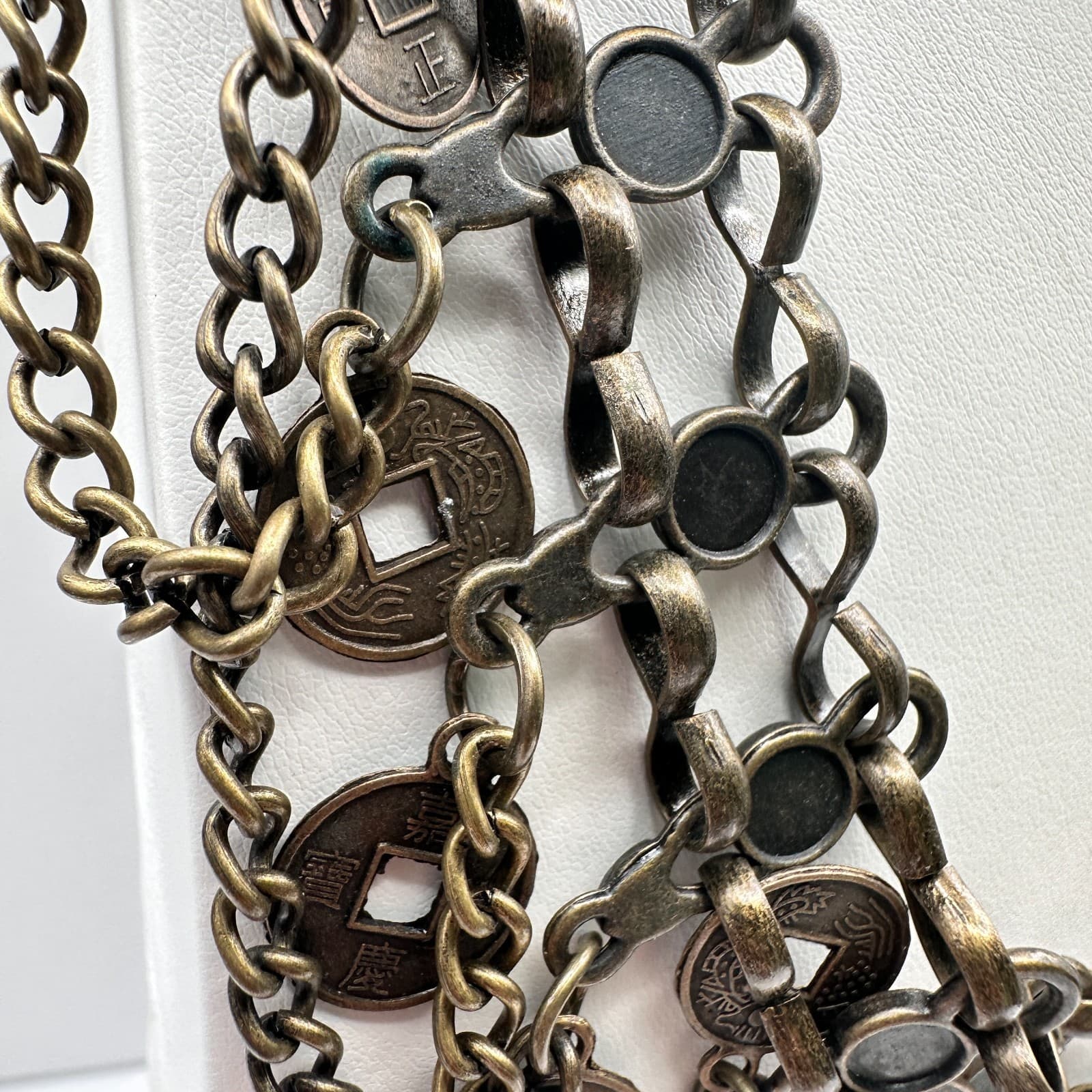 Vintage 90s Multi Layer Coin Statement Necklace Bronze Tone Boho Chunky Bib Boho - Thumbnail 4