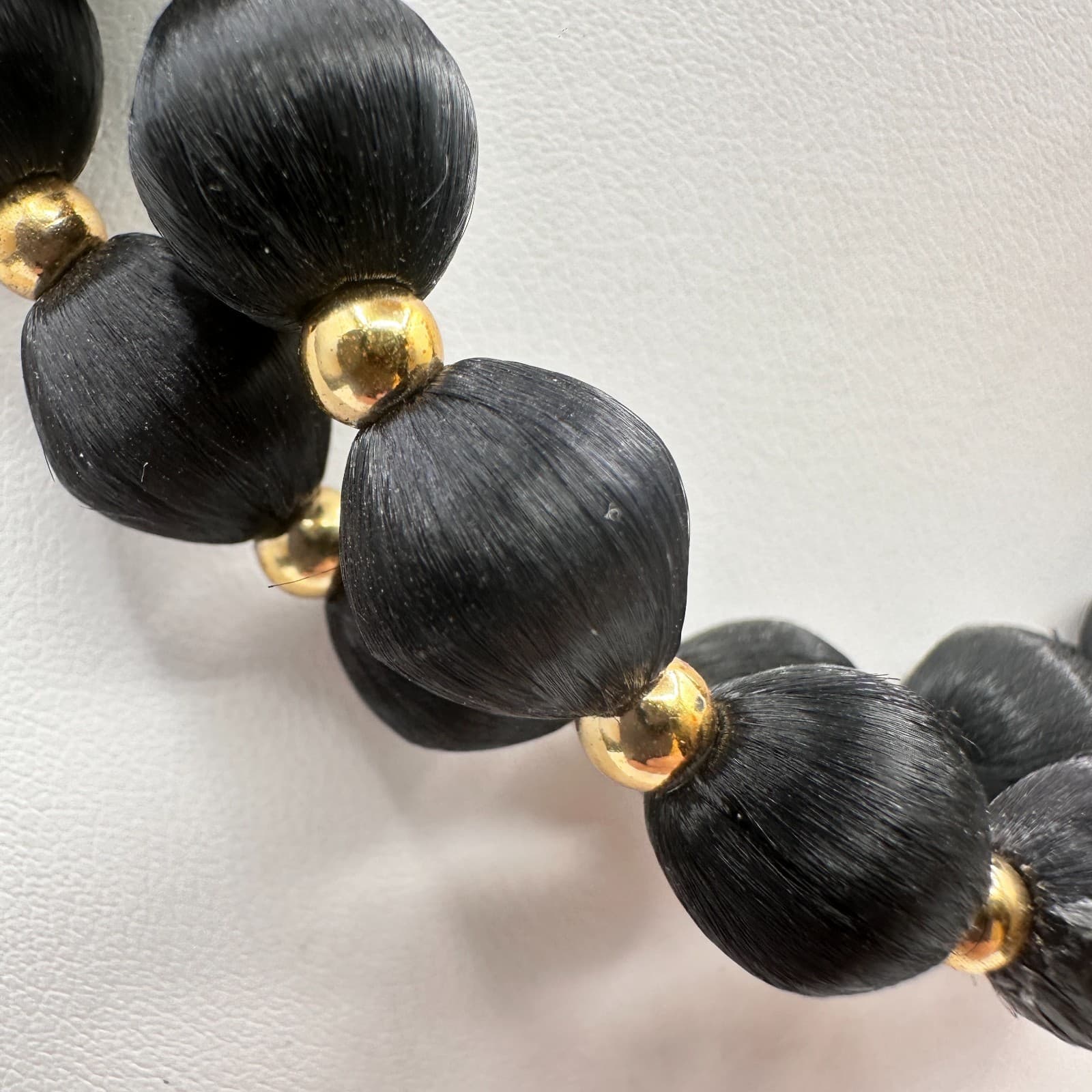Vintage 80s Double Strand Black Silk Thread Wrapped Bead Jewelry Gold Tone Boho - Thumbnail 4