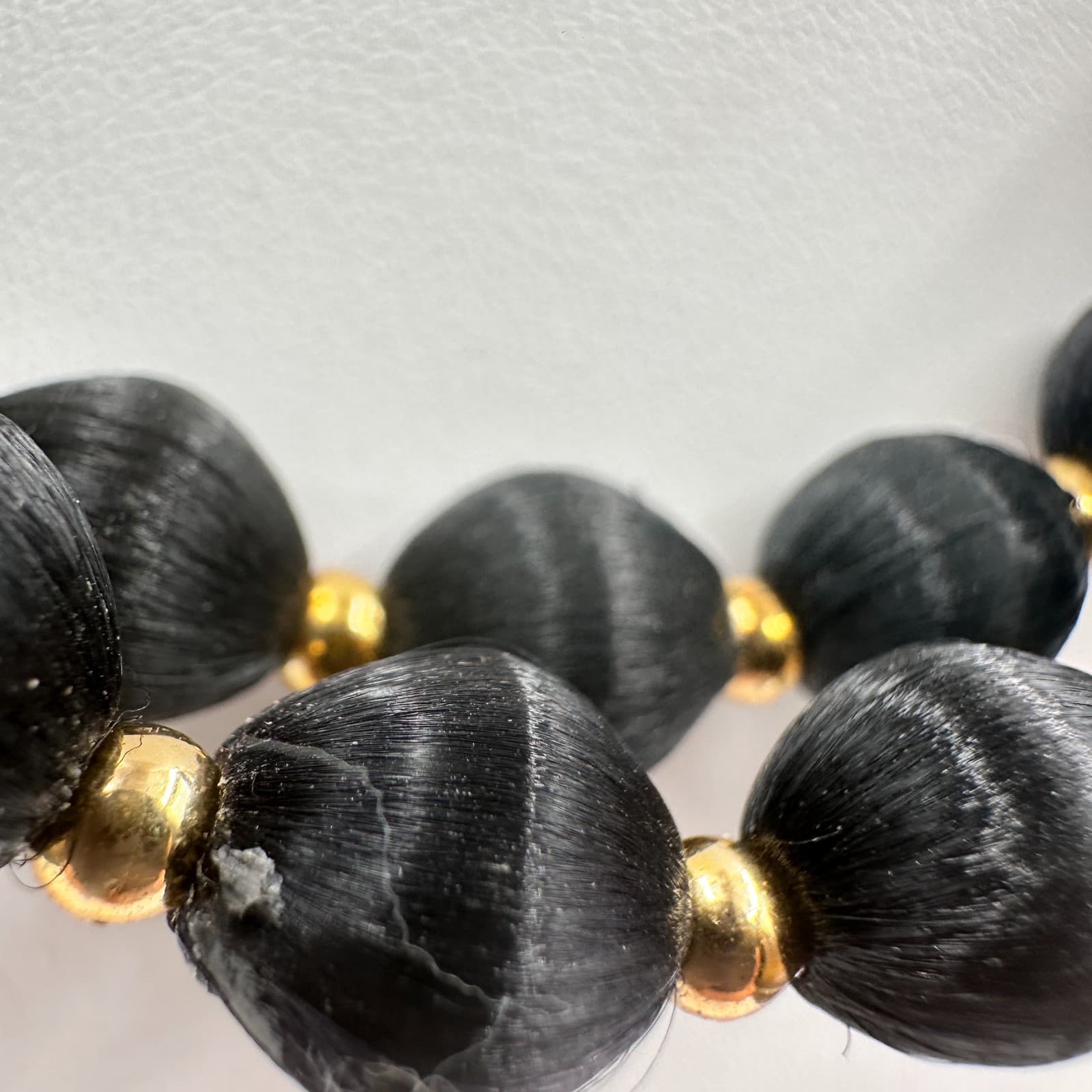 Vintage 80s Double Strand Black Silk Thread Wrapped Bead Jewelry Gold Tone Boho - Thumbnail 5