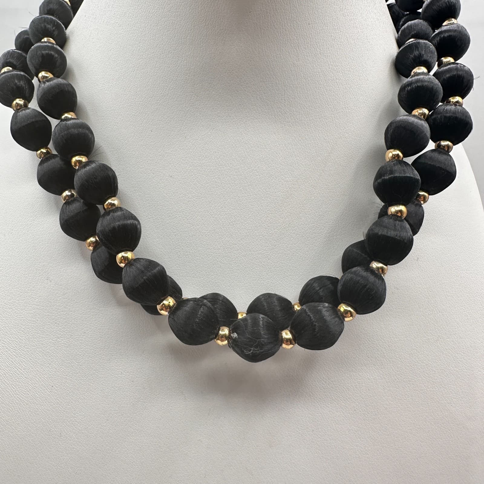Vintage 80s Double Strand Black Silk Thread Wrapped Bead Jewelry Gold Tone Boho - Thumbnail 6