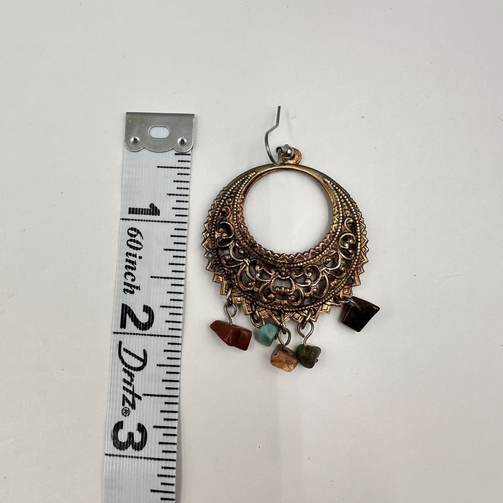 Vintage 90s Natural Stone Chip Crescent Hoop Earrings Bronze Tone Jewelry Boho - Thumbnail 7