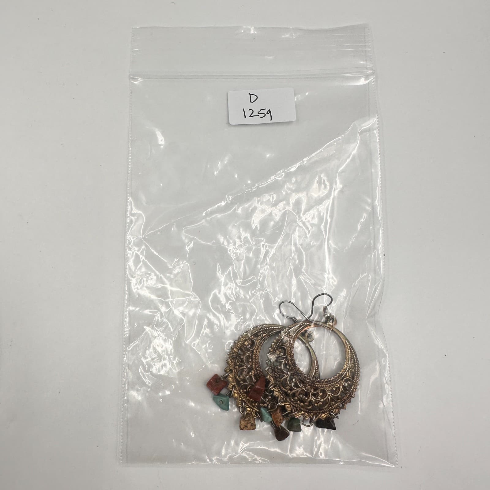 Vintage 90s Natural Stone Chip Crescent Hoop Earrings Bronze Tone Jewelry Boho - Thumbnail 8