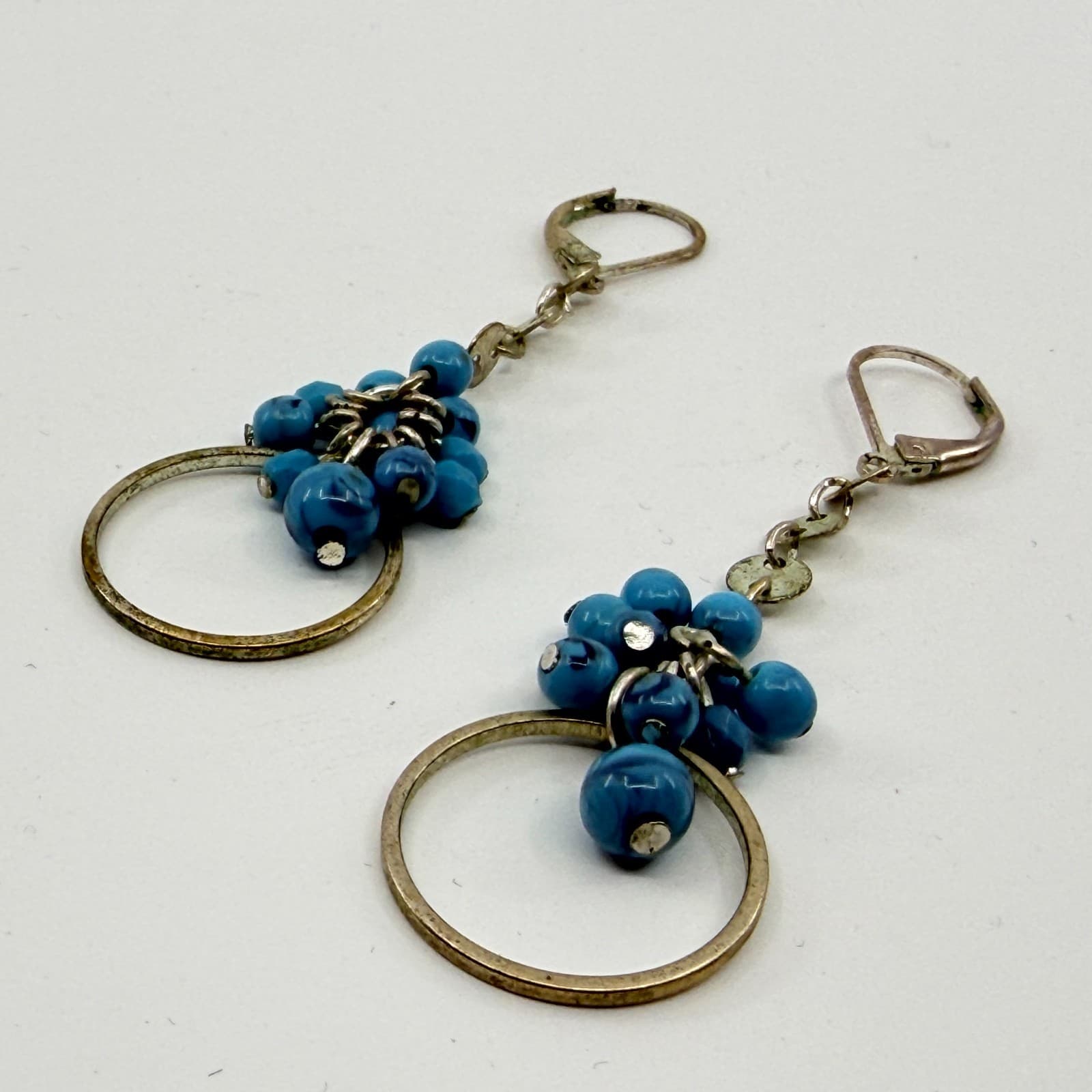 VTG Blue Bead Cluster Dangle Earrings Hoop Accent Leverback Festival Statement - Thumbnail 4